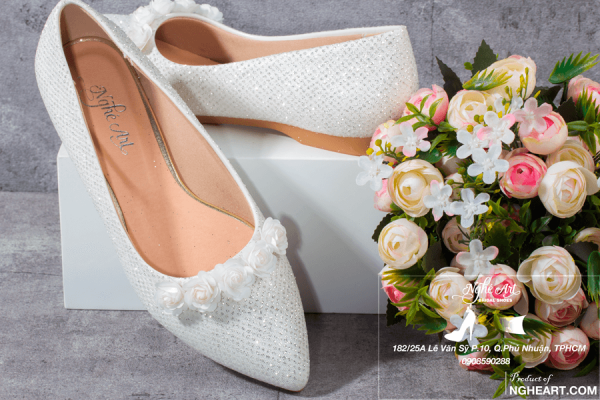 Giày cưới bệt lưới kim tuyến hoa hồng 200 - giày bệt