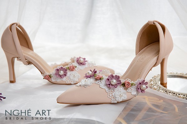 Giày cưới Nghé Art ren hoa 480-340N - Nude - 9 phân