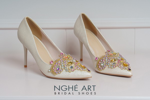 Giày cưới Nghé Art phối đá bling bling 10 phân nhũ vàng champage 562-377-nhu-vang - Vàng champage - 10 phân