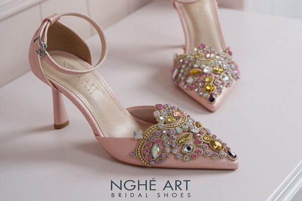 Giày cưới Nghé Art phối đá bling bling 10 phân nhũ hồng pastel 562-340-nhu-hong - Hồng pastel - 9 phân