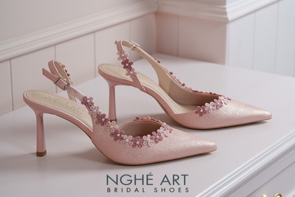Giày cưới Nghé Art slingback đính kết hoa vintage nhũ hồng 567-535-nhu-hong - Hồng pastel - 9 phân