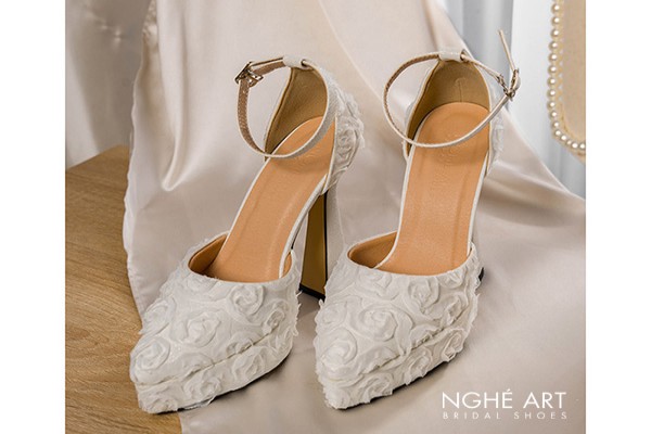 Giày cưới Nghé Art ren hoa hồng trắng cao 13 cm 545-481-13P-NHU-TRANG - Trắng - 13 phân