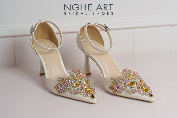 Giày cưới Nghé Art phối đá bling bling 10 phân nhũ vàng champage 562-340-nhu-vang - Vàng champage - 9 phân