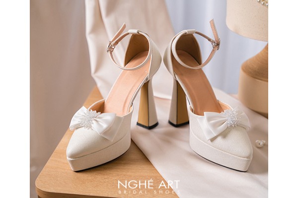Giày cưới Nghé Art cao gót 13 phân đính nơ lụa pha lê 519-481-13p-nhu-trang - Trắng - 13 phân