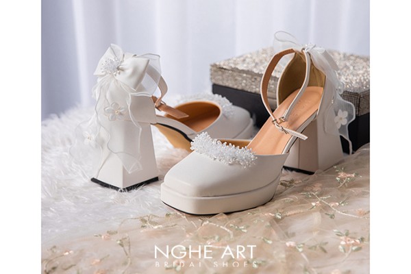 Giày cưới Nghé Art đính pha lê gót nơ 523-470-10p-da-trang - Trắng - 10 phân