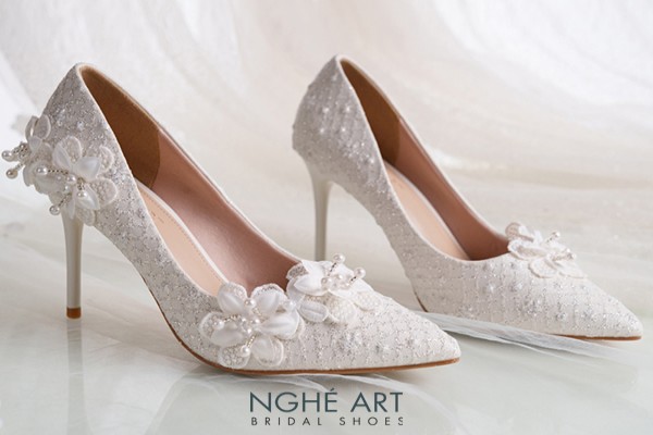 Giày cưới Nghé Art cao gót ren kim tuyến thủ công 552-377-10P-NHU-TRANG - Trắng - 10 phân