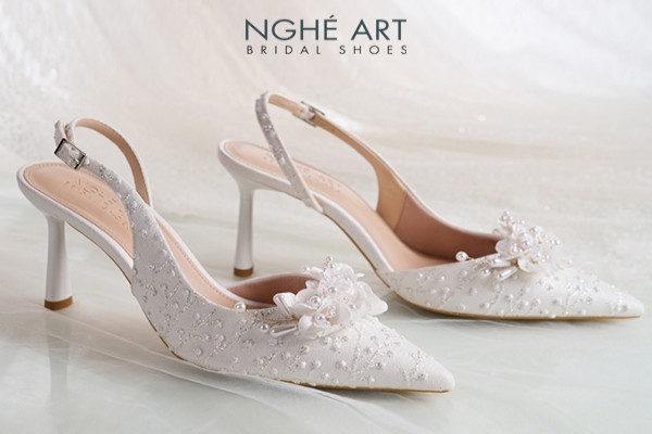 Giày cưới Nghé Art form slingback ren hoa ngọc trai 553-535-NHU-TRANG - Trắng - 7 phân