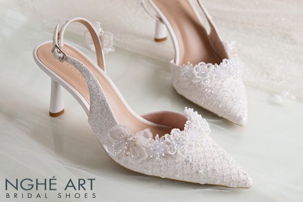 Giày cưới Nghé Art form slingback ren hoa voan pha lê 560-535-NHU-TRANG - Trắng - 9 phân