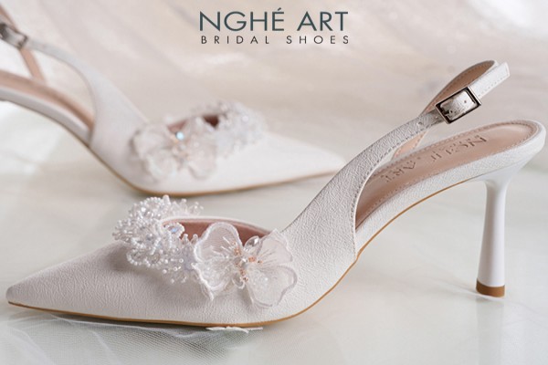 Giày cưới Nghé Art form slingback đính hoa voan pha lê 571-535-NHU-TRANG - Trắng - 9 phân
