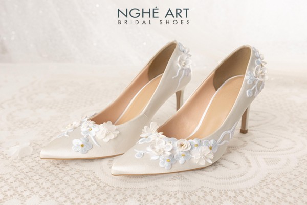 Giày cưới Nghé Art ren hoa nổi 3D lụa satin 508-LUA-TRANG - Trắng - 9 phân