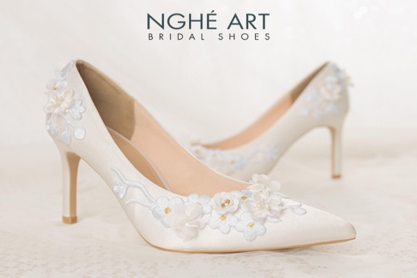 Giày cưới Nghé Art ren hoa nổi 3D lụa satin 508-LUA-TRANG - Trắng - 7 phân