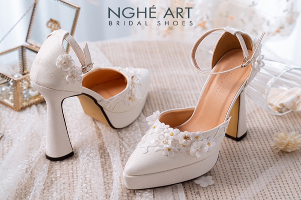 Giày cưới Nghé Art ren hoa nổi 3D cao 13 cm 508-481-13P-NHU-TRANG - Trắng - 13 phân