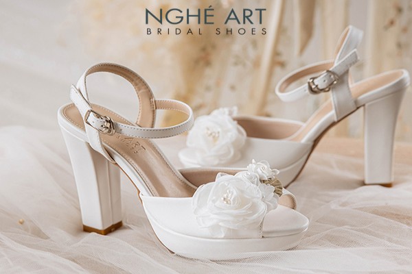 Giày cưới Nghé Art cao gót 12 cm đính hoa voan 506-203-12P-DA-TRANG - Trắng - 12 phân