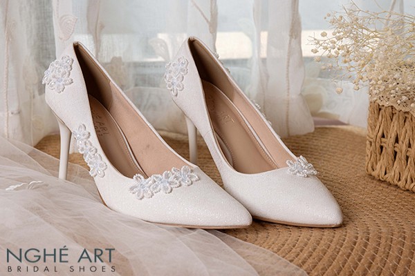 Giày cưới Nghé Art cao 10 cm đính hoa mai pha lê 526-377-10P-NHU-TRANG - Trắng - 10 phân