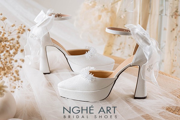 Giày cưới Nghé Art cao 13 cm đính pha lê gót nơ 523-481-13P-NHU-TRANG - Trắng - 13 phân