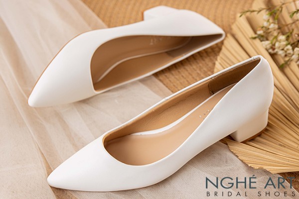 Giày cưới Nghé Art basic gót vuông 274-4P-DA - Trắng - 4 phân