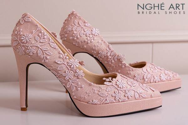 Giày cưới Nghé Art cao 12 cm ren hoa 3D 550-HONG-543-12P-NHU-HONG - Hồng pastel - 12 phân