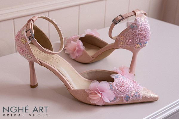 Giày cưới Nghé Art ren kim sa phối hoa hồng pastel 569-340-9P-NHU-HONG - Hồng pastel - 9 phân