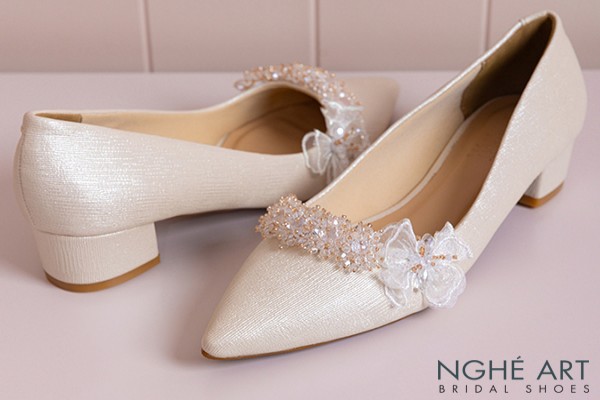 Giày cưới Nghé Art cao 4 cm đính pha lê cánh bướm voan 387-274-4P-NHU-VANG - Vàng champage - 4 phân