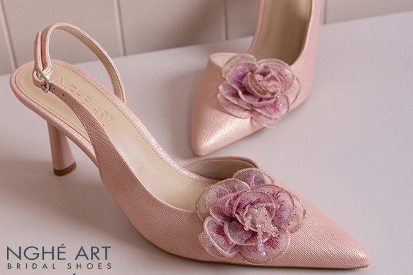 Giày cưới Nghé Art slingback hoa hồng phối pha lê 575-HONG-535-NHU-HONG - Hồng pastel - 9 phân