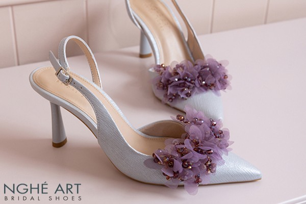 Giày cưới Nghé Art slingback cụm hoa voan pha lê 573-535 - Xám xanh pastel - 7 phân
