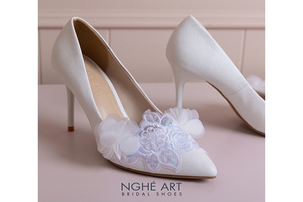 Giày cưới Nghé Art 10 cm ren kim sa trắng phối hoa voan 577-377-10P-NHU-TRANG - Trắng - 10 phân
