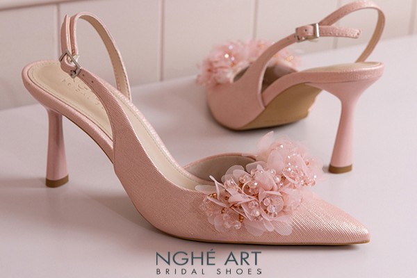 Giày cưới Nghé Art slingback cụm hoa voan pha lê 573-535 - Hồng pastel - 9 phân