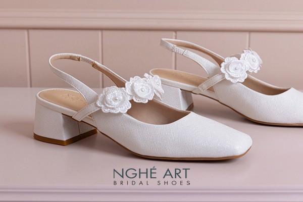 Giày cưới Nghé Art slingback 5 cm quai đính hoa 576-565-5P-NHU-TRANG - Trắng - 5 phân