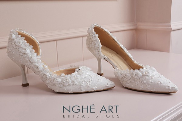 Giày cưới Nghé Art ren viền hoa hồng trắng 541-442-NHU-TRANG - Trắng - 9 phân