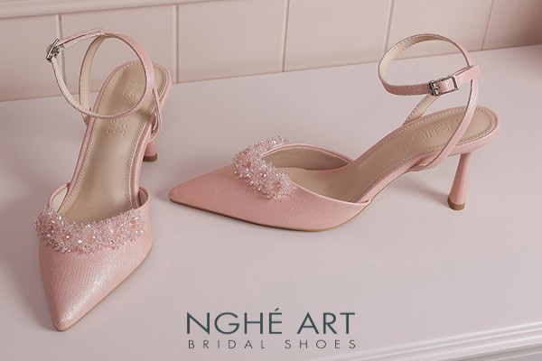 Giày cưới Nghé Art cao gót hồng đính nhánh hoa pha lê hồng 554-HONG-590-9P-NHU-HONG - Hồng pastel - 9 phân