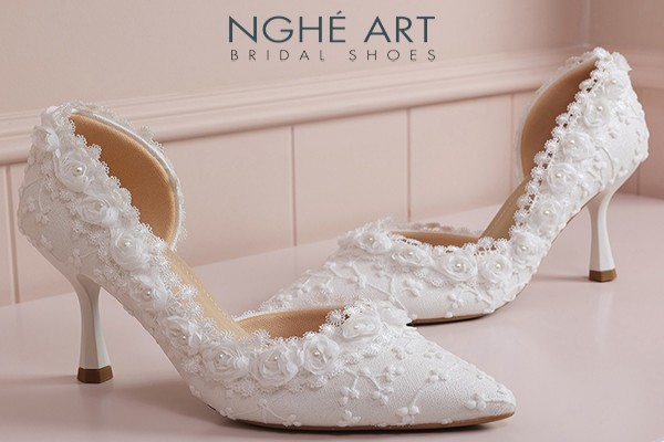Giày cưới Nghé Art ren viền hoa hồng trắng 541-442-NHU-TRANG - Trắng - 7 phân