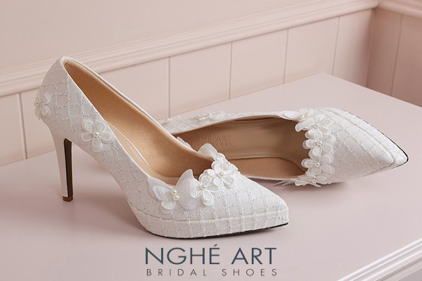 Giày cưới Nghé Art cao gót ren hoa hồ điệp trắng 564-543-12P-NHU-TRANG - Trắng - 12 phân