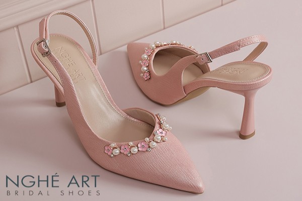 Giày cưới Nghé Art slingback hồng đính nhánh hoa kim loại 325-HONG-535-NHU-HONG - Hồng pastel - 7 phân