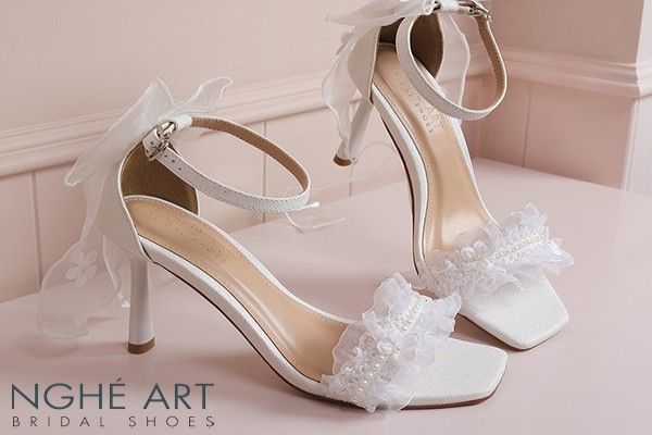 Giày cưới Nghé Art sandal ren gót nơ 461-566-9P-NHU-TRANG - Trắng - 9 phân