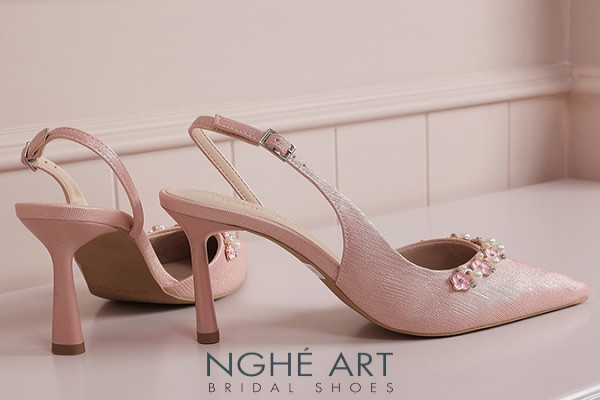 Giày cưới Nghé Art slingback hồng đính nhánh hoa kim loại 325-HONG-535-NHU-HONG - Hồng pastel - 9 phân