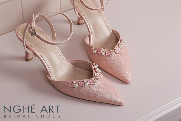 Giày cưới Nghé Art cao gót hồng đính nhánh hoa kim loại 325-HONG-590-9P-NHU-HONG - Hồng pastel - 9 phân