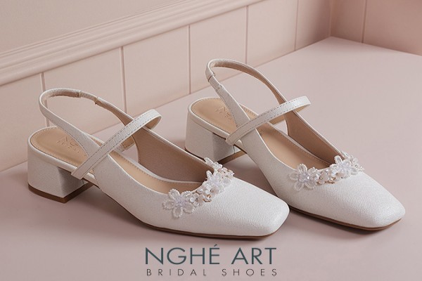 Giày cưới Nghé Art slingback hoa pha lê 5 cánh 512-565-5P-NHU-TRANG - Trắng - 5 phân