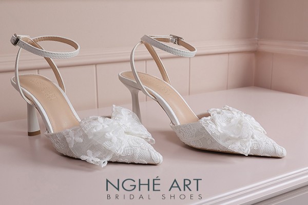 Giày cưới Nghé Art cao gót ren thủ công đính nơ 598-590-9P-NHU-TRANG - Trắng - 9 phân