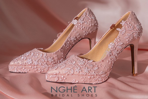 Giày cưới Nghé Art cao 12 cm ren hoa 3D 550-HONG-543-12P-NHU-HONG - Hồng pastel - 12 phân