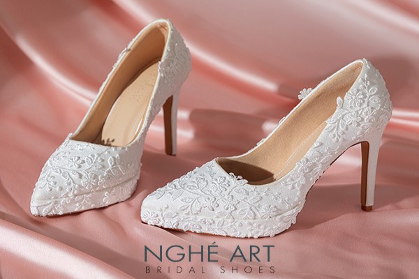 Giày cưới Nghé Art cao 12 cm ren hoa 3D 550-TRANG-543-12P-NHU-TRANG - Trắng - 12 phân