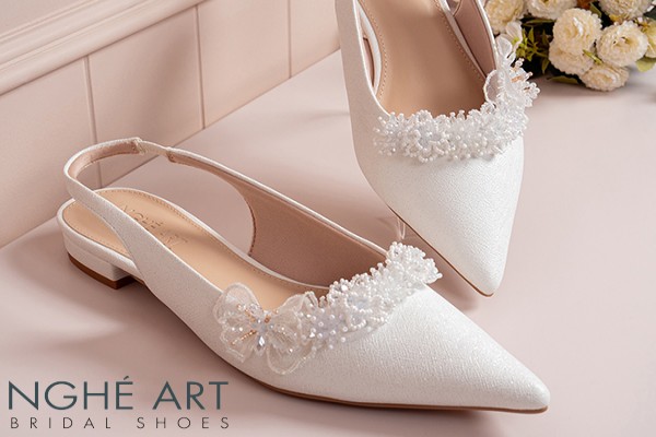 Giày cưới Nghé Art slingback dáng bệt hoa voan pha lê 571-593-2P-NHU-TRANG - Trắng - 2 phân