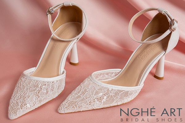 Giày cưới Nghé Art ren lưới kim sa 595-9P-LUOI-TRANG - Trắng - 9 phân