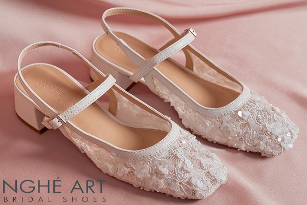 Giày cưới Nghé Art slingback gót vuông ren lưới kim sa cao cấp 599-5P-LUOI-KIMSA - Trắng - 5 phân