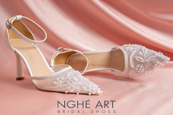 Giày cưới Nghé Art basic cao gót ren lưới thêu 556-9P-LUOI-TRANG - Trắng - 9 phân
