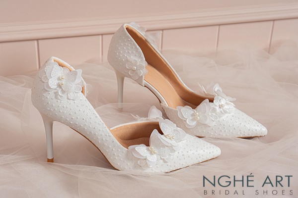 Giày cưới Nghé Art cao cấp ren cánh bướm và hoa 612-442-NHU-TRANG - Trắng - 9 phân