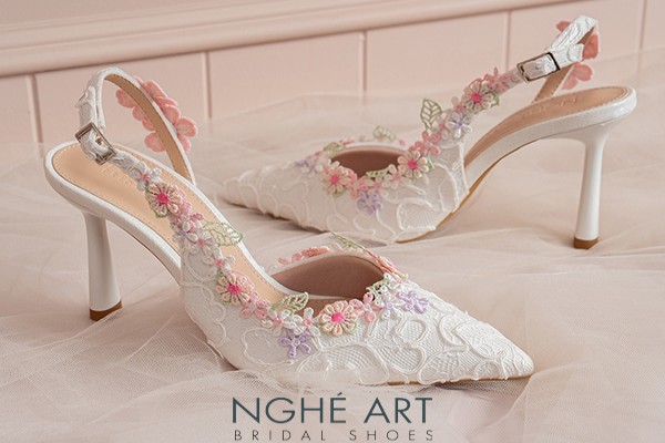 Giày cưới Nghé Art cao cấp form slingback ren viền hoa vintage 610-535-NHU-TRANG - Trắng - 7 phân