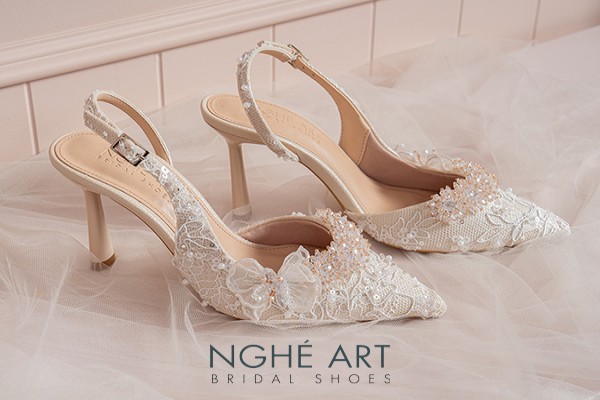 Giày cưới Nghé Art ren cao cấp kim sa ngọc trai hoa pha lê 613-535-NHU-VANG - Vàng champage - 7 phân