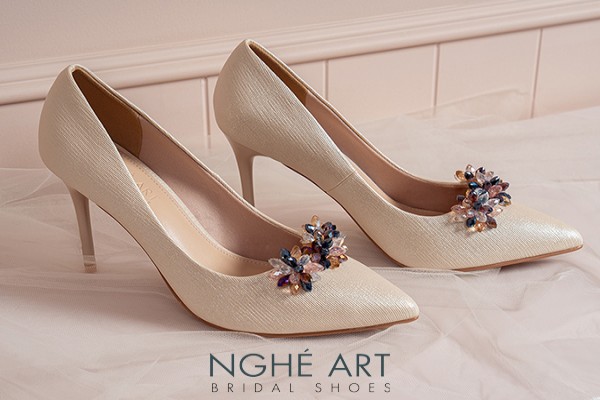 Giày cưới Nghé Art cao gót đính pha lê 608-377-10P-NHU - Vàng champage - 10 phân