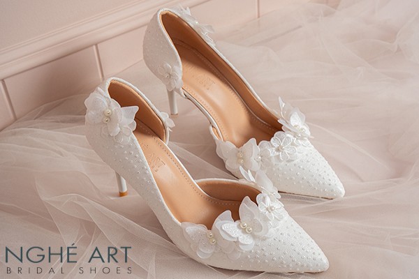 Giày cưới Nghé Art cao cấp ren cánh bướm và hoa 612-442-NHU-TRANG - Trắng - 7 phân