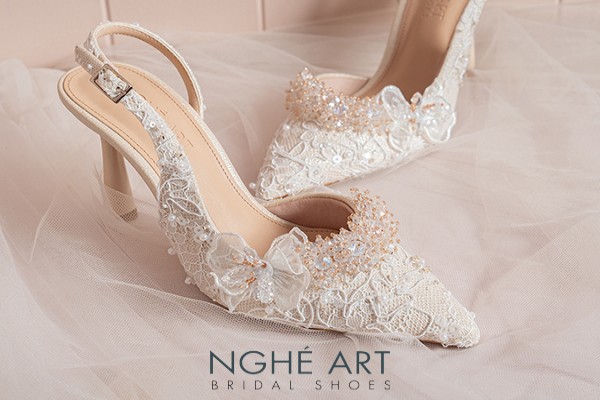 Giày cưới Nghé Art ren cao cấp kim sa ngọc trai hoa pha lê 613-535-NHU-VANG - Vàng champage - 9 phân
